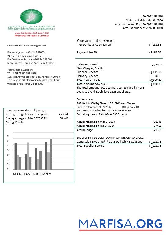 Downloadable Oman Electricity Transmission Company electricity business utility bill template in Word and PDF formats